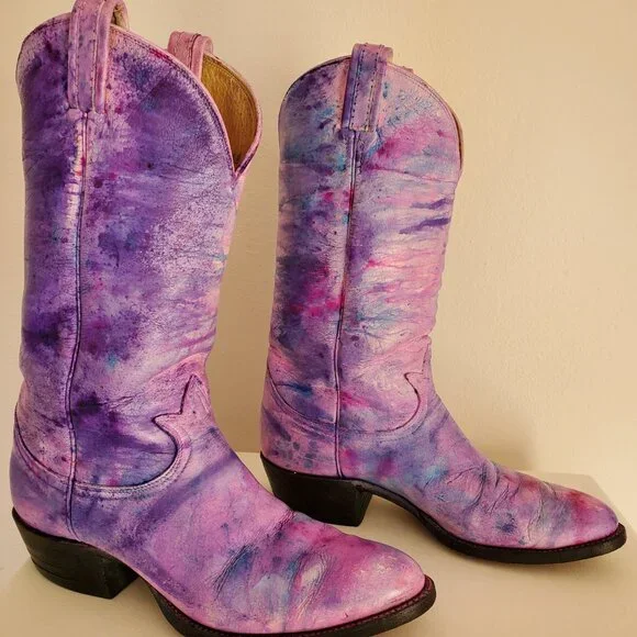 Tony Lama 10 painted pink purple blue western cowboy boots barbie cowgirl rodeo - Picture 3 of 13